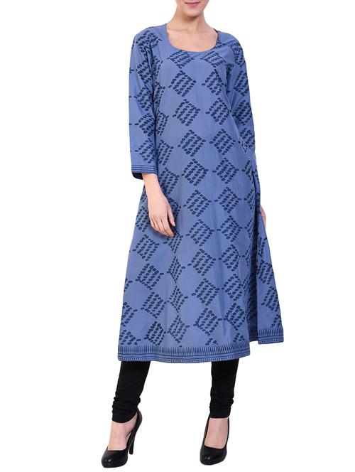 Indigo Cotton Hand Block Printed Kurta - 14895261 - Very Small Image - 1