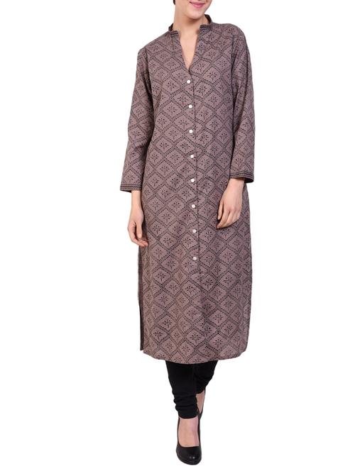 Lavanya brown cotton straight kurta - 14895276 - Very Small Image - 1