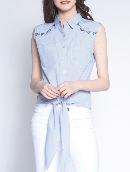 tie knot hem striped button up top - 14895288 - Standard Image - 1