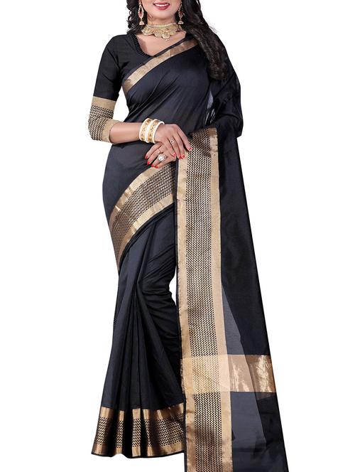 black cotton silk bordered saree with blouse - 14895628 - Very Small Image - 1