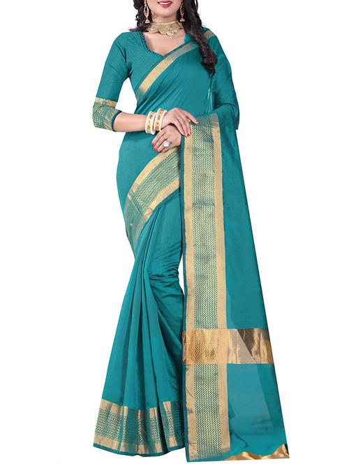 turquoise cotton silk bordered saree with blouse - 14895631 - Very Small Image - 1