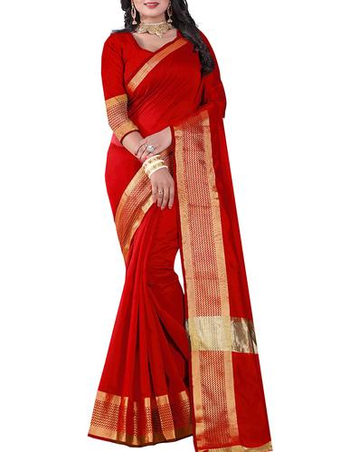 red cotton silk bordered saree with blouse - 14895632 - Very Small Image - 1