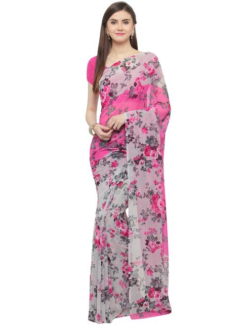 pink georgette printed saree with blouse - 14895763 - Very Small Image - 1