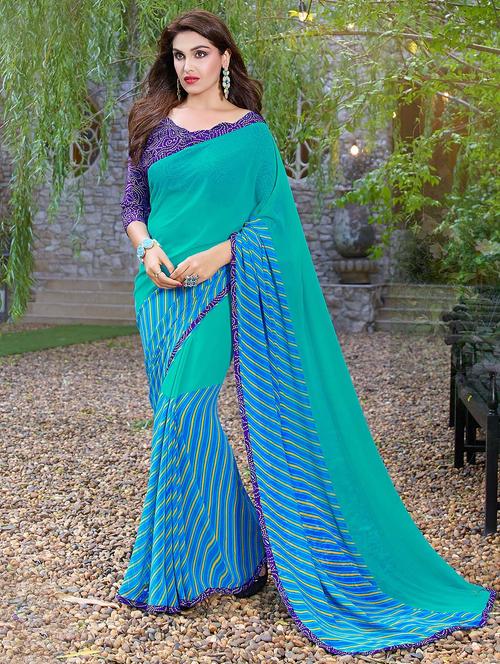 sky blue georgette printed saree with blouse - 14895765 - Very Small Image - 1