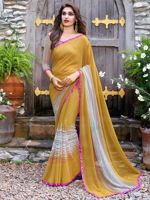 beige georgette printed saree with blouse - 14895766 - Very Small Image - 1