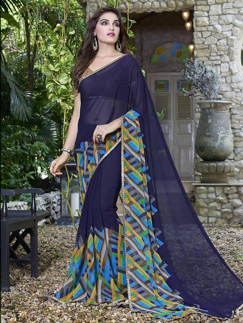 blue georgette printed saree with blouse - 14895769 - Standard Image - 1
