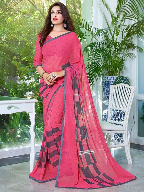 pink georgette printed saree with blouse - 14895770 - Standard Image - 1