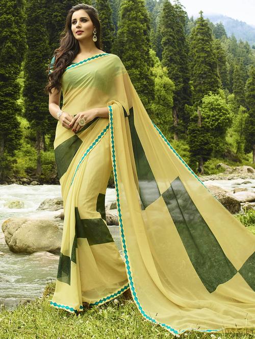 yellow georgette printed saree with blouse - 14895776 - Standard Image - 1