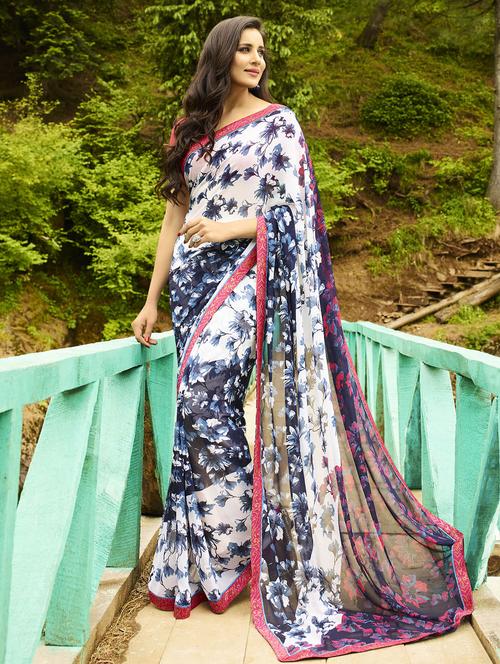 white georgette printed saree with blouse - 14895777 - Standard Image - 1