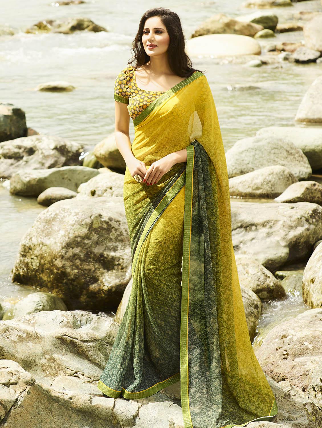 yellow georgette printed saree with blouse - 14895778 - Zoom Image - 1