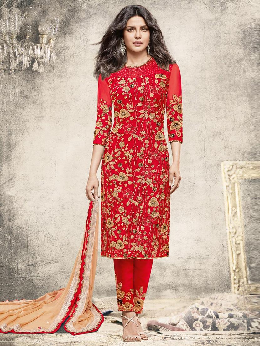 red net straight pant suits semistitched suit - 14896086 - Zoom Image - 1