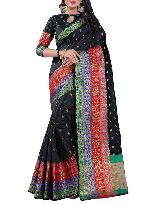 black silk blend chanderi saree with blouse - 14896680 - Standard Image - 1