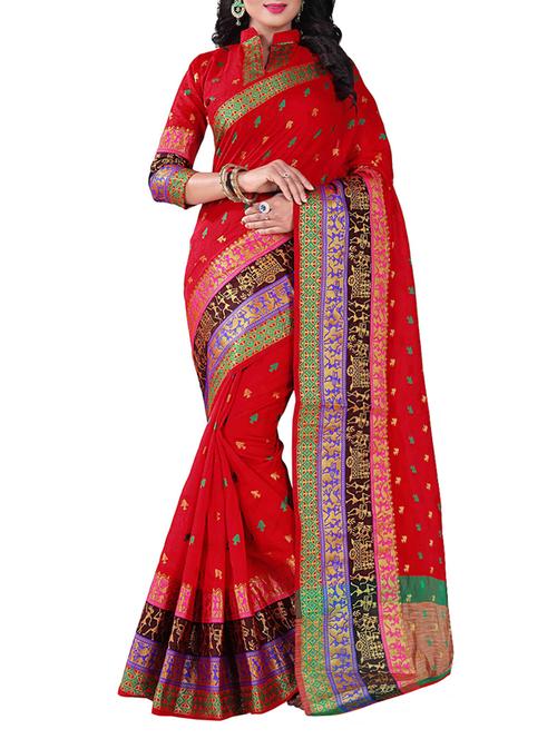 red silk blend chanderi saree with blouse - 14896682 - Very Small Image - 1