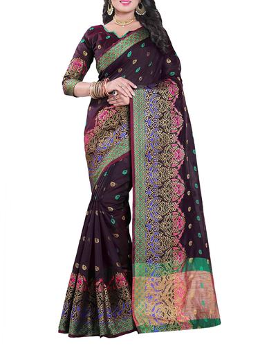 brown silk blend chanderi saree with blouse - 14896698 - Very Small Image - 1