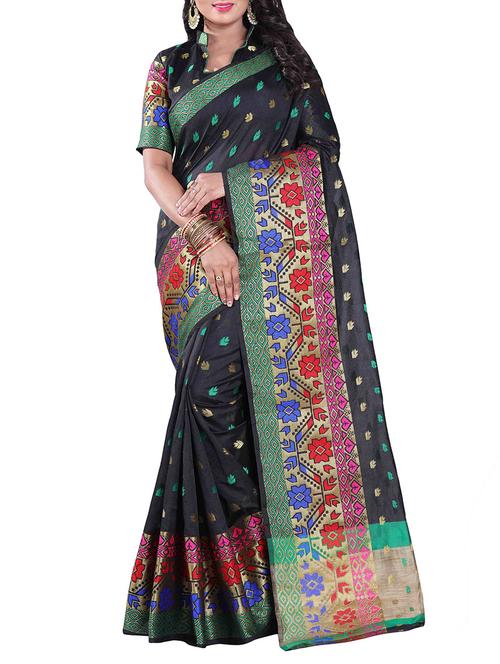 black silk blend chanderi saree with blouse - 14896699 - Very Small Image - 1