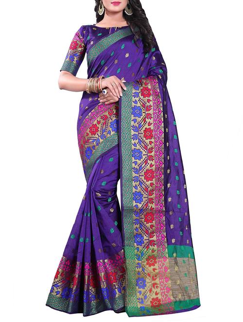 blue silk blend chanderi saree with blouse - 14896700 - Very Small Image - 1