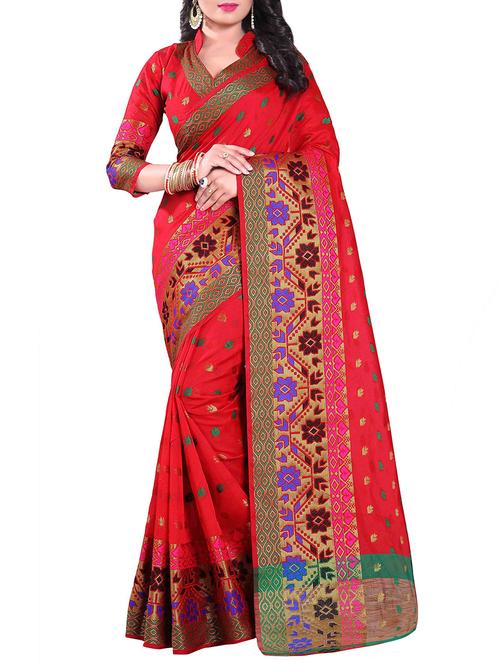 red silk blend chanderi saree with blouse - 14896702 - Standard Image - 1