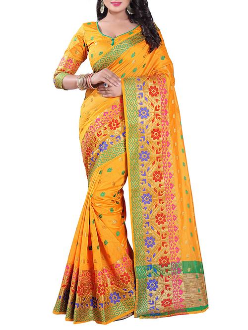 yellow silk blend chanderi saree with blouse - 14896703 - Very Small Image - 1