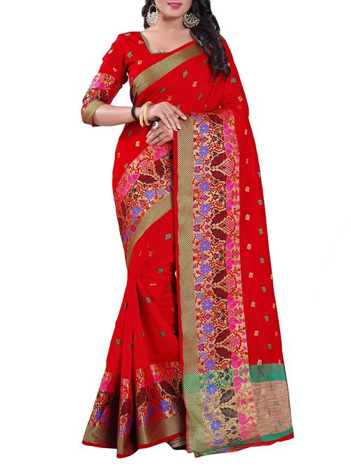 red silk blend chanderi saree with blouse - 14896707 - Standard Image - 1