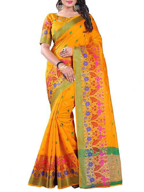 yellow silk blend chanderi saree with blouse - 14896708 - Standard Image - 1