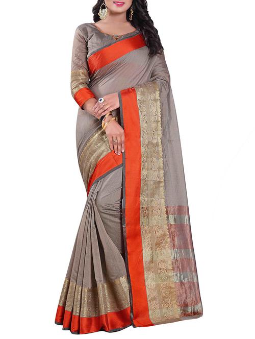 grey silk blend chanderi saree with blouse - 14896717 - Standard Image - 1