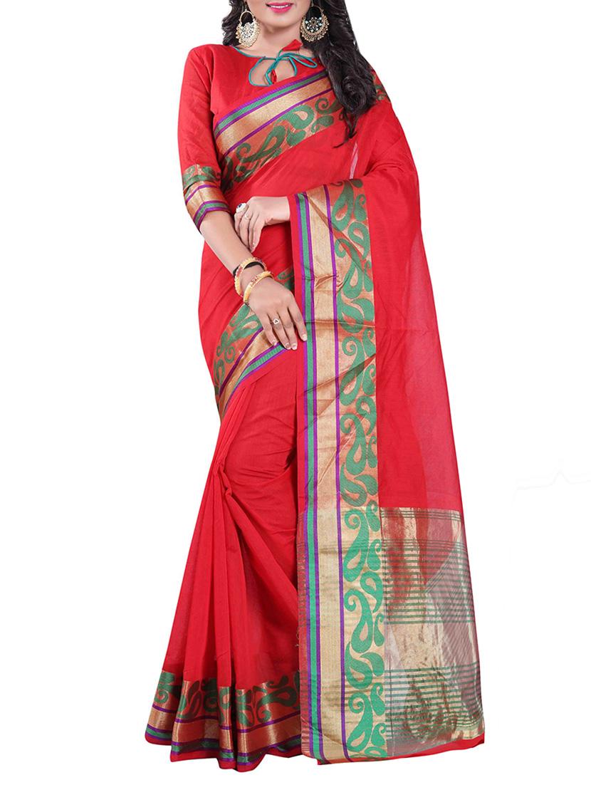 red silk blend chanderi saree with blouse - 14896721 - Zoom Image - 1