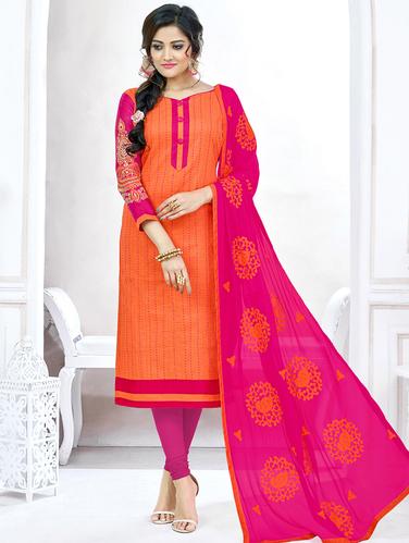 orange cotton churidaar suits unstitched suit - 14898072 - Very Small Image - 1