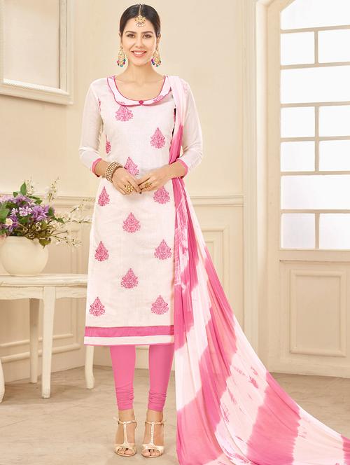 white chanderi cotton churidaar suits unstitched suit - 14898097 - Standard Image - 1