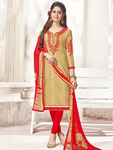 beige cotton churidaar suits unstitched suit - 14898098 - Very Small Image - 1