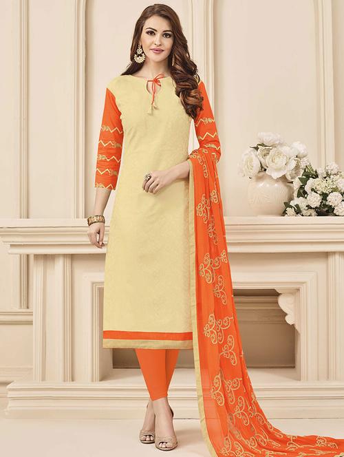 beige cotton churidaar suits unstitched suit - 14898116 - Standard Image - 1