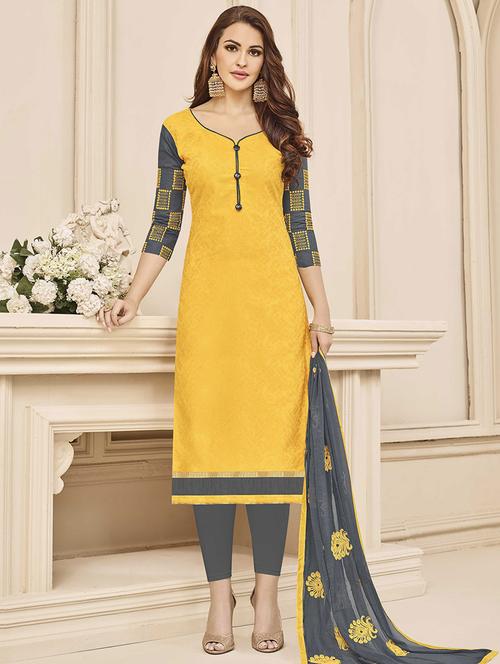 yellow cotton churidaar suits unstitched suit - 14898119 - Very Small Image - 1
