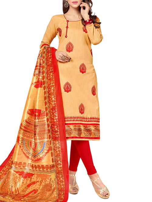 beige cotton unstitched churidaar suit - 14898152 - Standard Image - 1