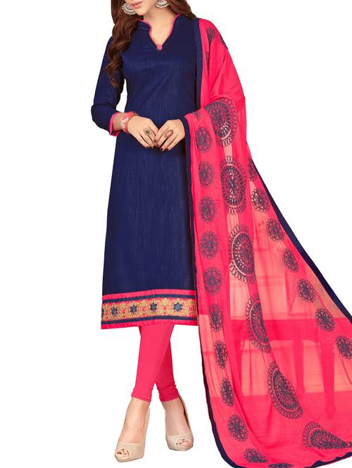 navy blue cotton unstitched churidaar suit - 14898158 - Standard Image - 1