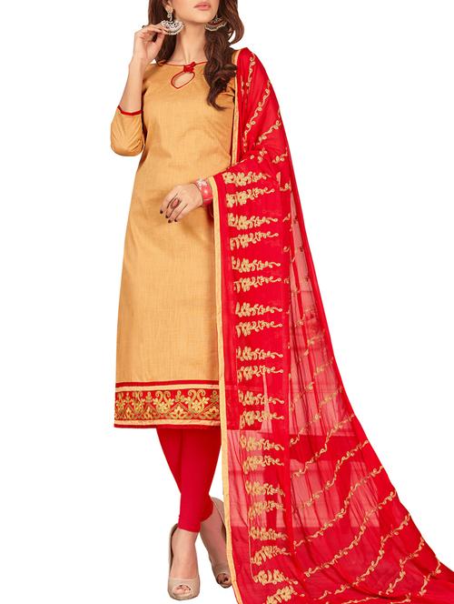 beige cotton unstitched churidaar suit - 14898162 - Standard Image - 1