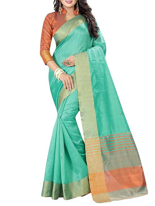 turquoise cotton woven saree with blouse - 14898334 - Very Small Image - 1
