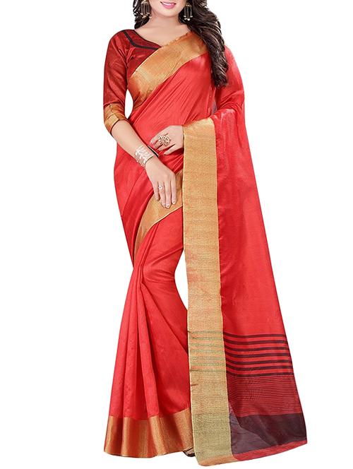 red cotton woven saree with blouse - 14898335 - Very Small Image - 1