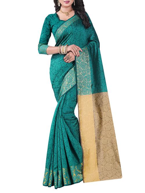 turquoise silk blend woven saree with blouse - 14898370 - Very Small Image - 1