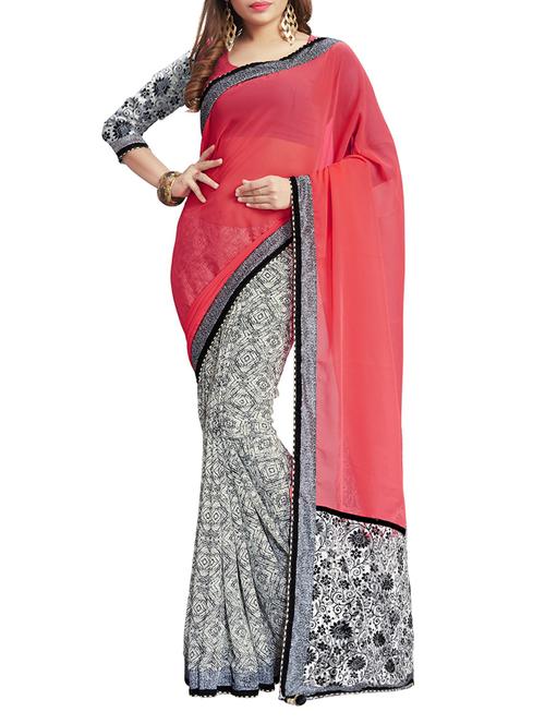red georgette half and half saree with blouse - 14898402 - Standard Image - 1