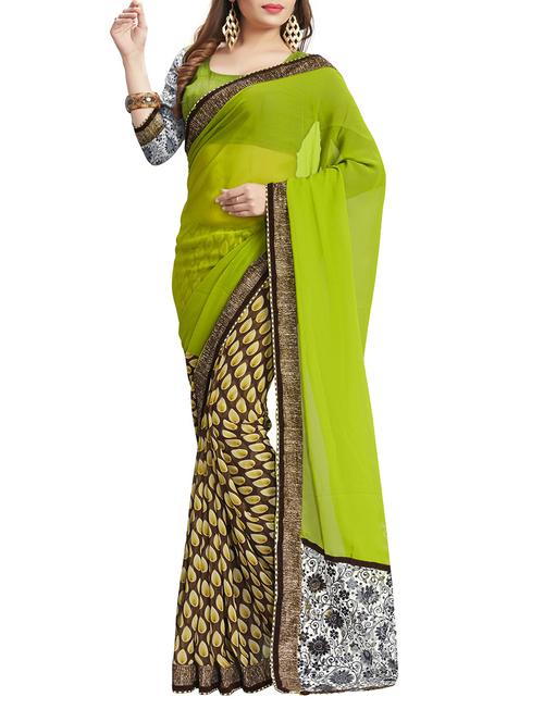 green georgette half and half saree with blouse - 14898405 - Very Small Image - 1