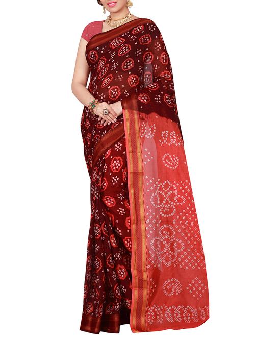 brown cotton bandhani saree with blouse - 14898421 - Standard Image - 1