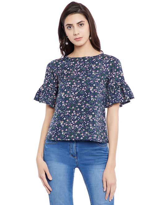 navy blue floral printed casual top - 14898450 - Very Small Image - 1