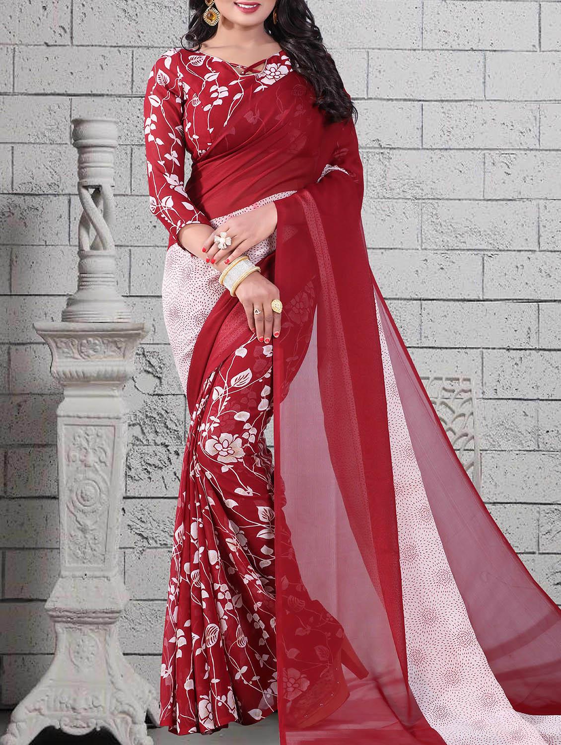 red georgette printed saree with blouse - 14898544 - Zoom Image - 1