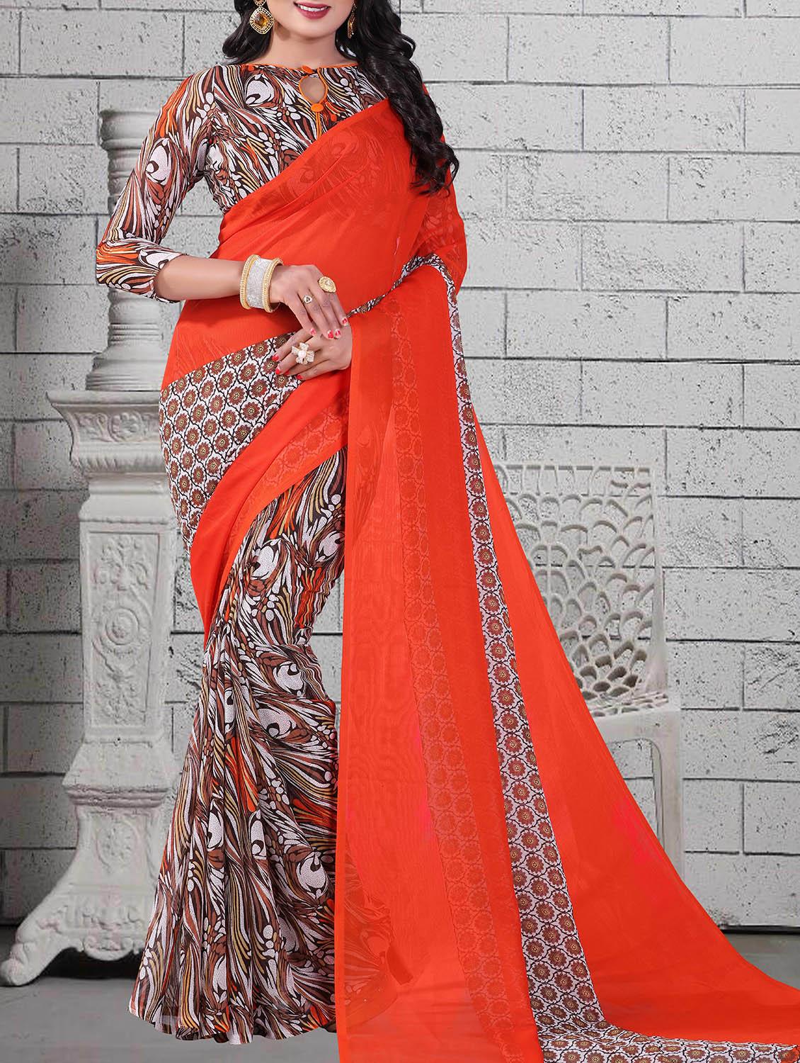 orange georgette printed saree with blouse - 14898545 - Zoom Image - 1