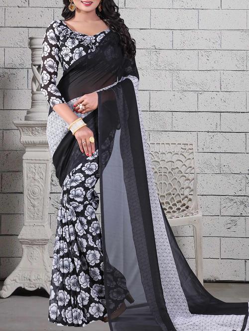 black georgette printed saree with blouse - 14898547 - Standard Image - 1