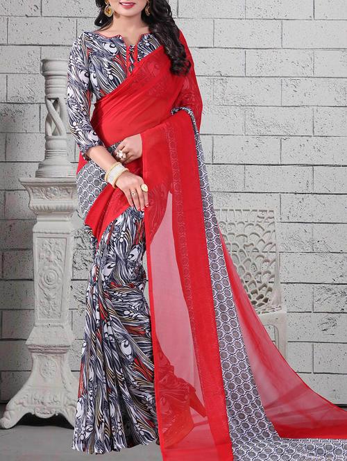 red georgette printed saree with blouse - 14898556 - Standard Image - 1