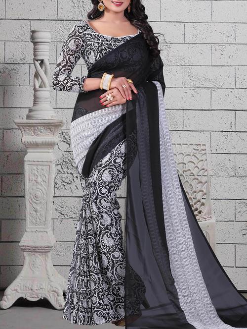 black georgette printed saree with blouse - 14898557 - Standard Image - 1