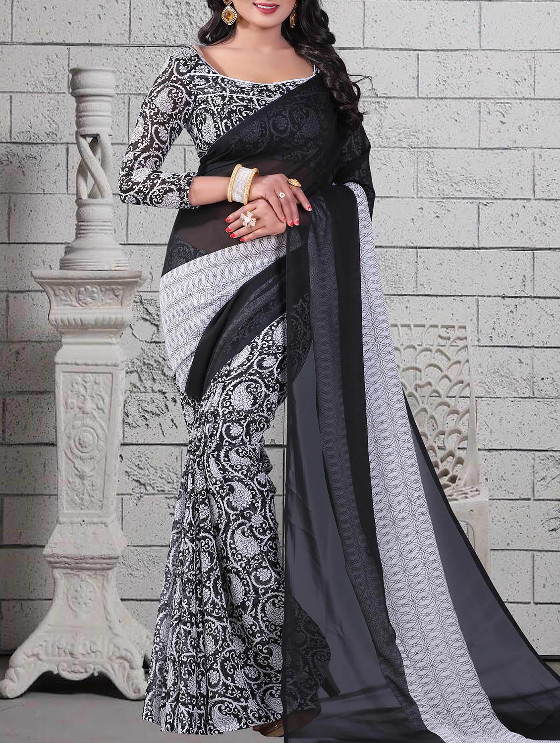 black georgette printed saree with blouse - 14898557 - Zoom Image - 1
