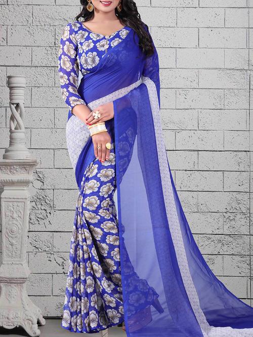 blue georgette printed saree with blouse - 14898566 - Very Small Image - 1