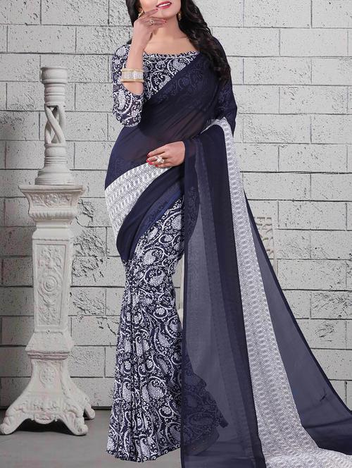 blue georgette printed saree with blouse - 14898612 - Very Small Image - 1