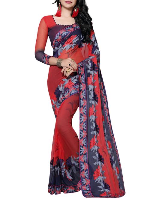 red chiffon embroidered saree with blouse - 14898824 - Very Small Image - 1